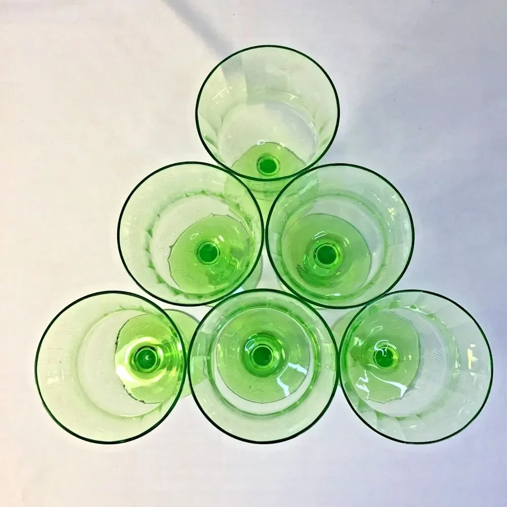 Vintage Green Optic-Panel Stem Goblet  Glasses Set Of 6